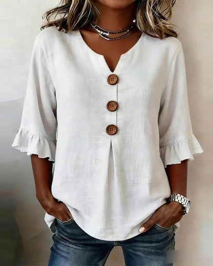 Sophia - Blusa lisa de algodón y lino con botones de madera
