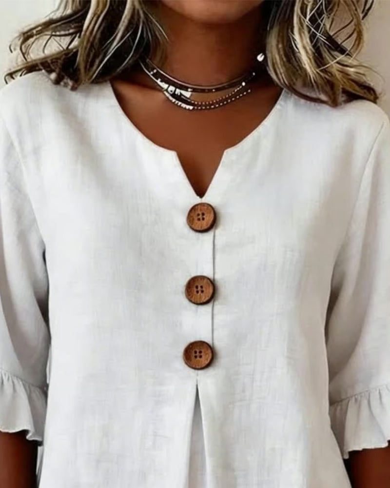 Sophia - Blusa lisa de algodón y lino con botones de madera
