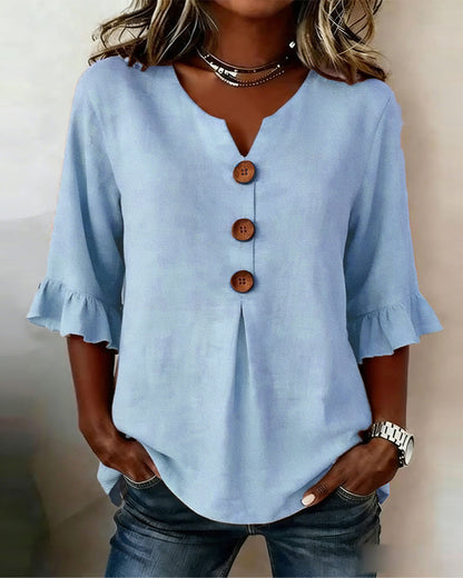 Sophia - Blusa lisa de algodón y lino con botones de madera