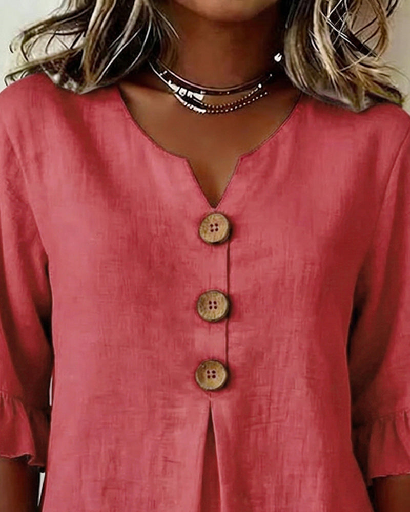 Sophia - Blusa lisa de algodón y lino con botones de madera