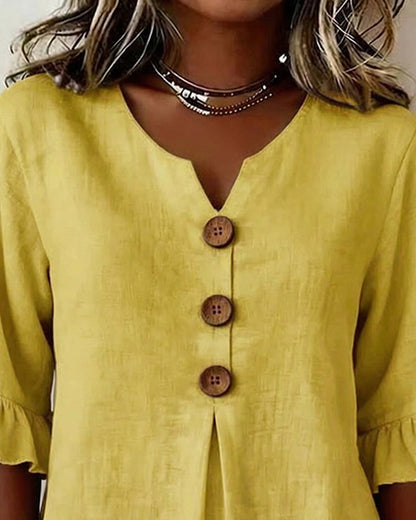 Sophia - Blusa lisa de algodón y lino con botones de madera