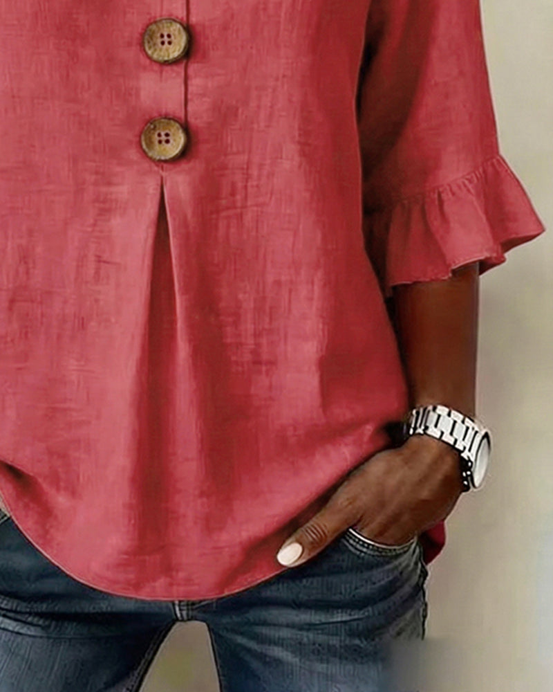 Sophia - Blusa lisa de algodón y lino con botones de madera
