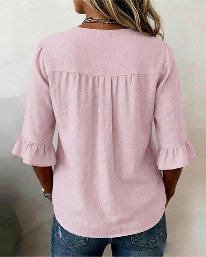 Sophia - Blusa lisa de algodón y lino con botones de madera