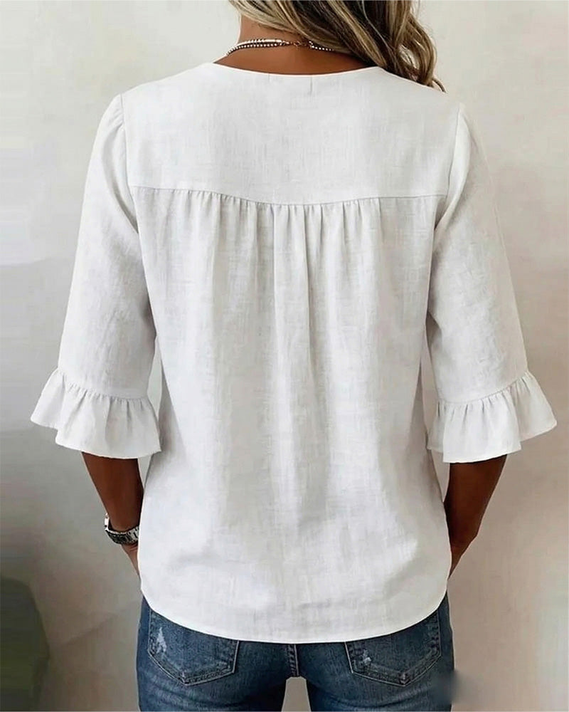 Sophia - Blusa lisa de algodón y lino con botones de madera