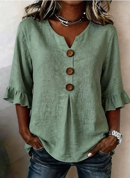 Sophia - Blusa lisa de algodón y lino con botones de madera