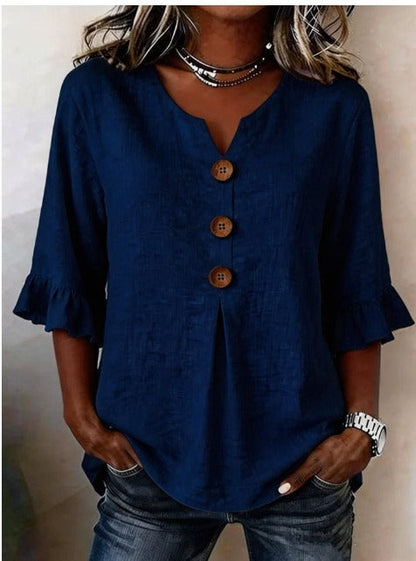Sophia - Blusa lisa de algodón y lino con botones de madera