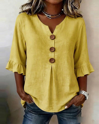 Sophia - Blusa lisa de algodón y lino con botones de madera