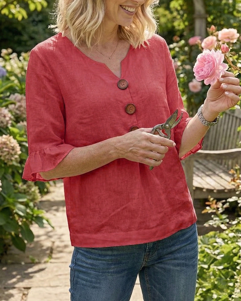 Sophia - Blusa lisa de algodón y lino con botones de madera
