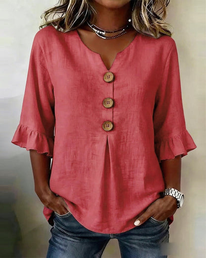 Sophia - Blusa lisa de algodón y lino con botones de madera