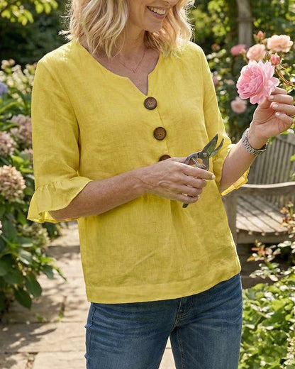 Sophia - Blusa lisa de algodón y lino con botones de madera