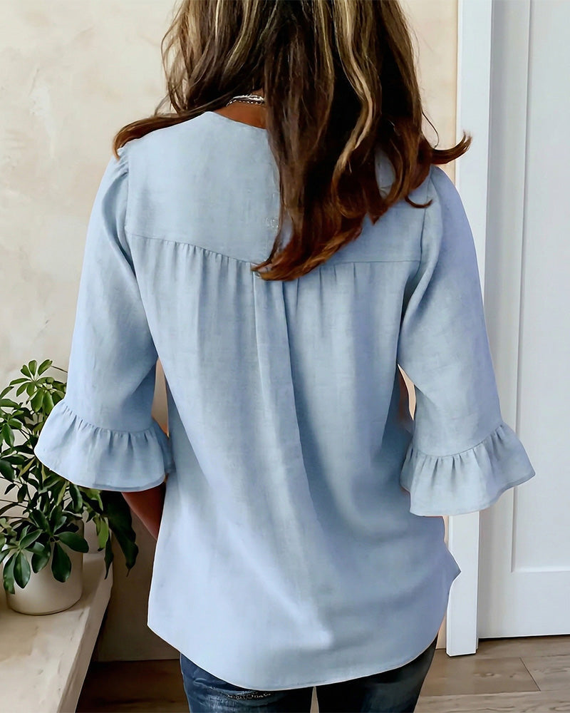 Sophia - Blusa lisa de algodón y lino con botones de madera